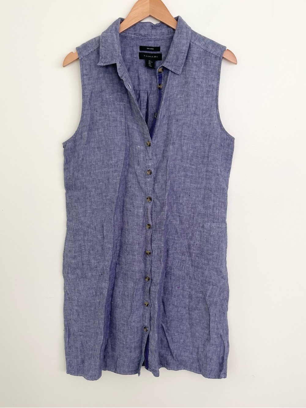 Tahari 100% Linen Sleeveless Midi Shirtdress Dark Blue Minimalist Coastal L Larg